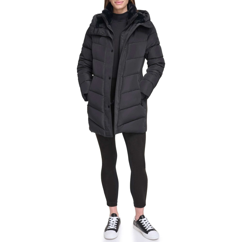 Calvin Klein Womens Black Chevron Puffer Jacket Faux Fur Trim Hood M NEW